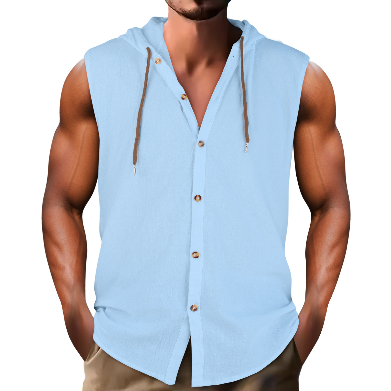 thumbnail image 4 of Camisa sin mangas con capucha y botones para hombre - Poliéster, versátil para llevar en cualquier época del año, 4 of 8
